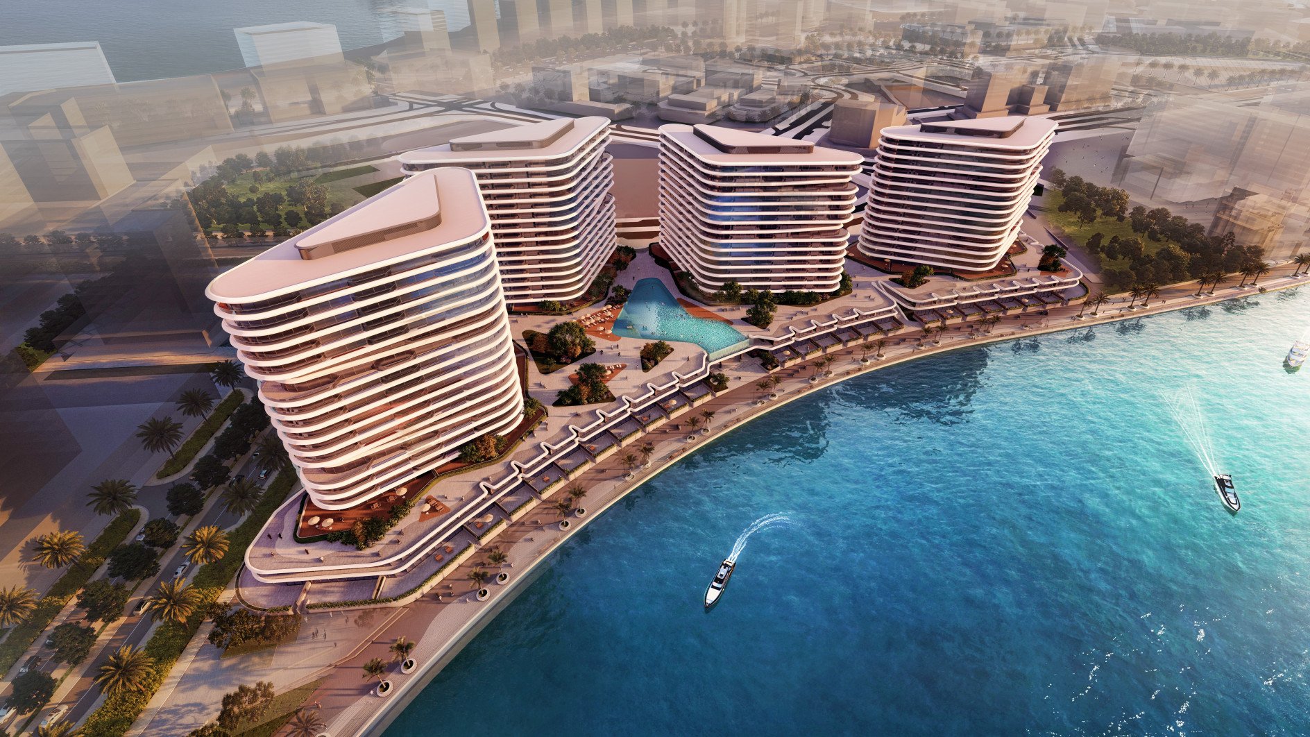 Abu Dhabi Yas Bay Sea La Vie Residences exterior showcasing modern towers, vibrant community, and prime waterfront setting.