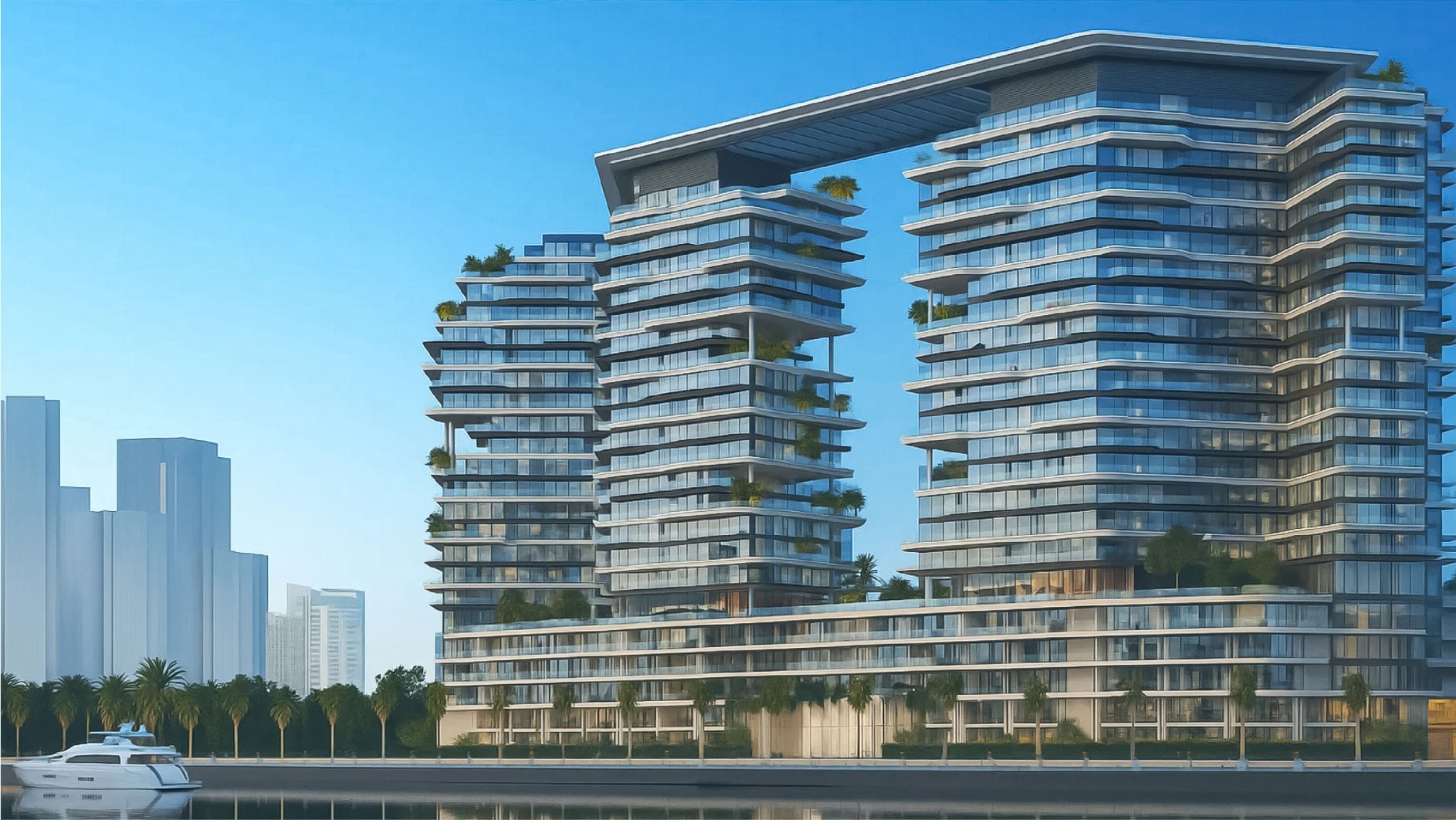Daytime view of Seamont Autograph Collection Residences from Reem Island promenade with waterfront backdrop