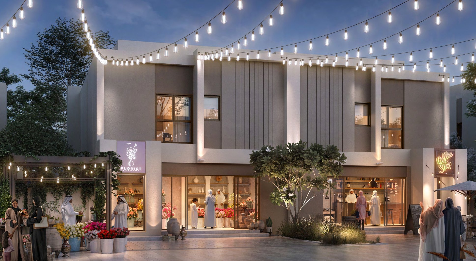 Front elevation of Al Deem Townhomes Yas Island Abu Dhabi with sustainable architectural design