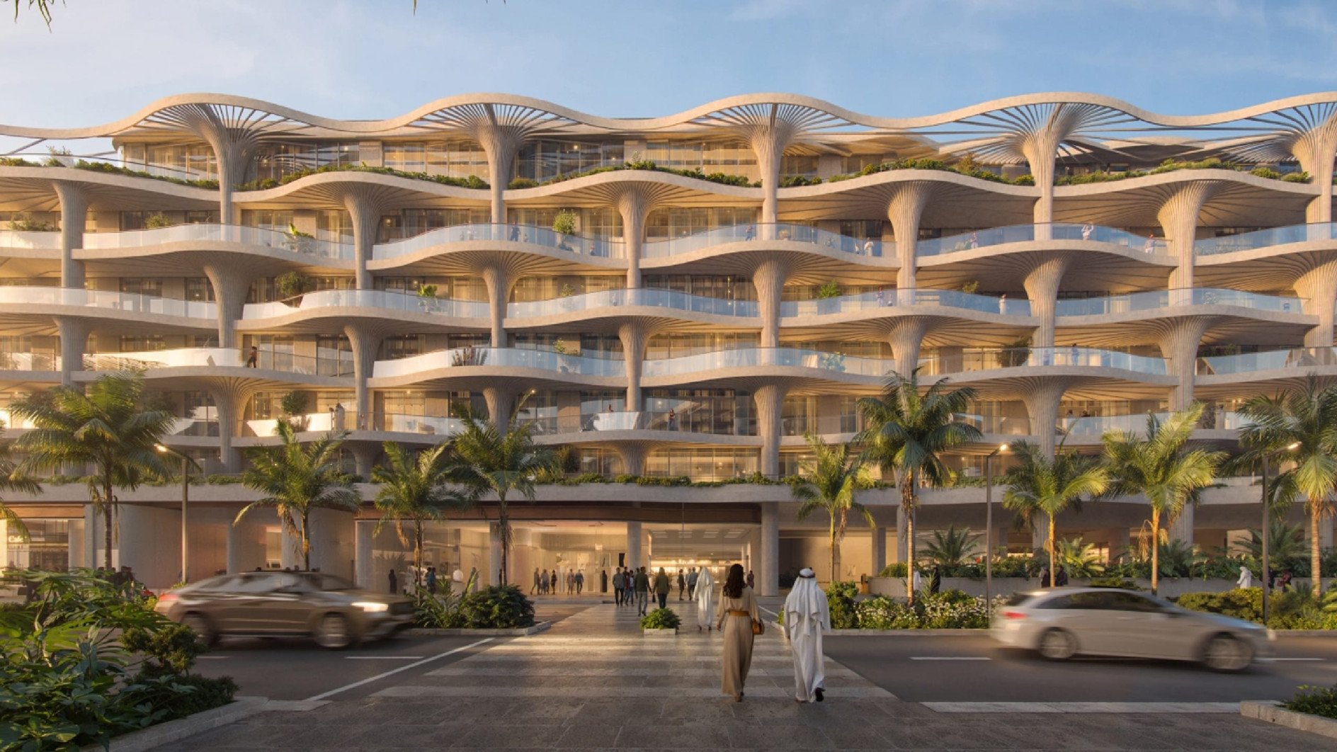 Mamsha Palm Saadiyat facade and Saadiyat coastline view