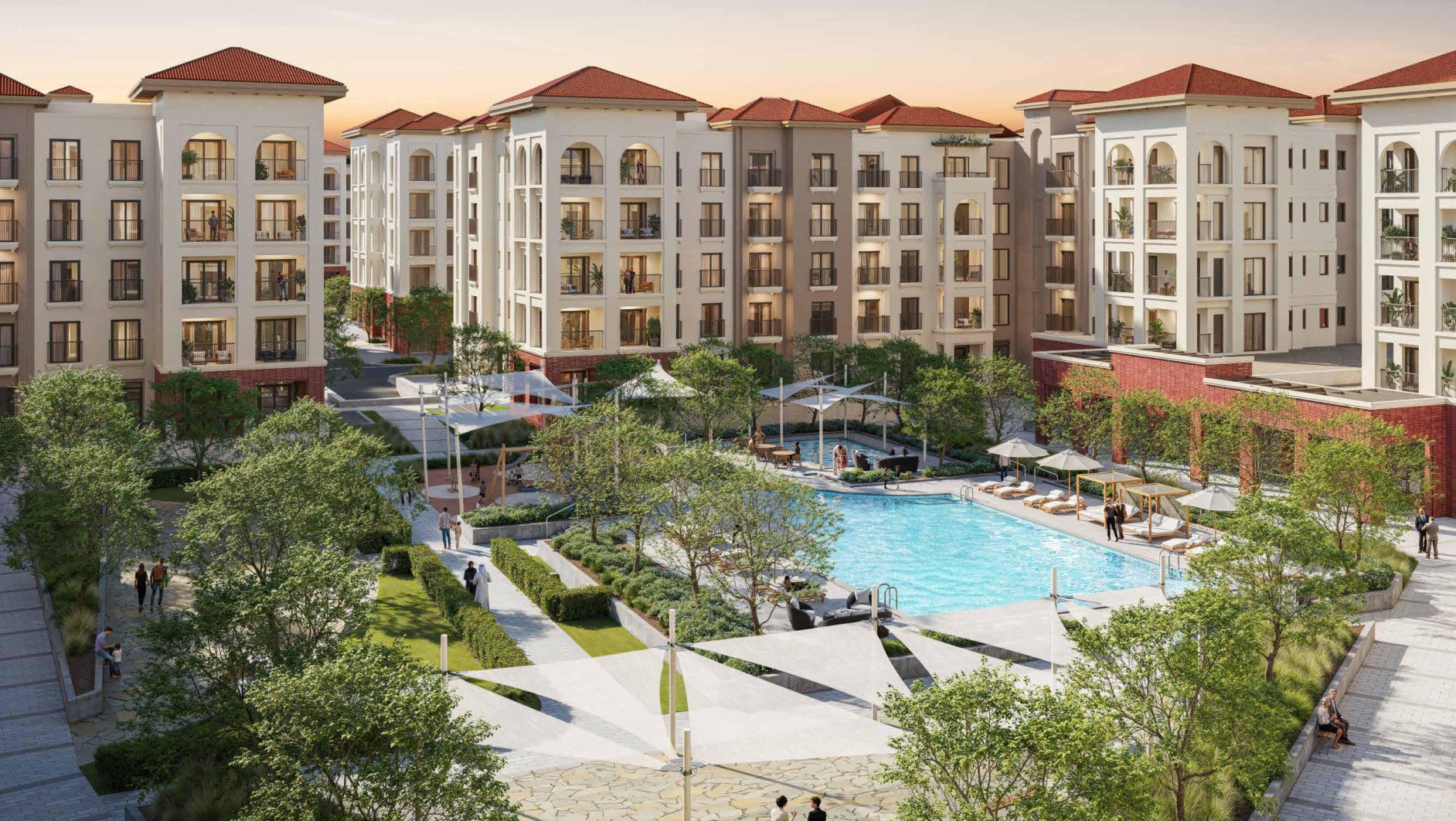 Bloom Living Granada 2 Abu Dhabi apartment exterior view with Mediterranean-inspired architecture