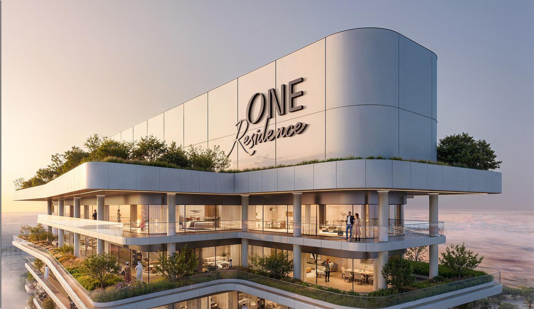 Panoramic exterior view of ONE Residence Abu Dhabi showing residential towers, waterfront, and premium lifestyle amenities