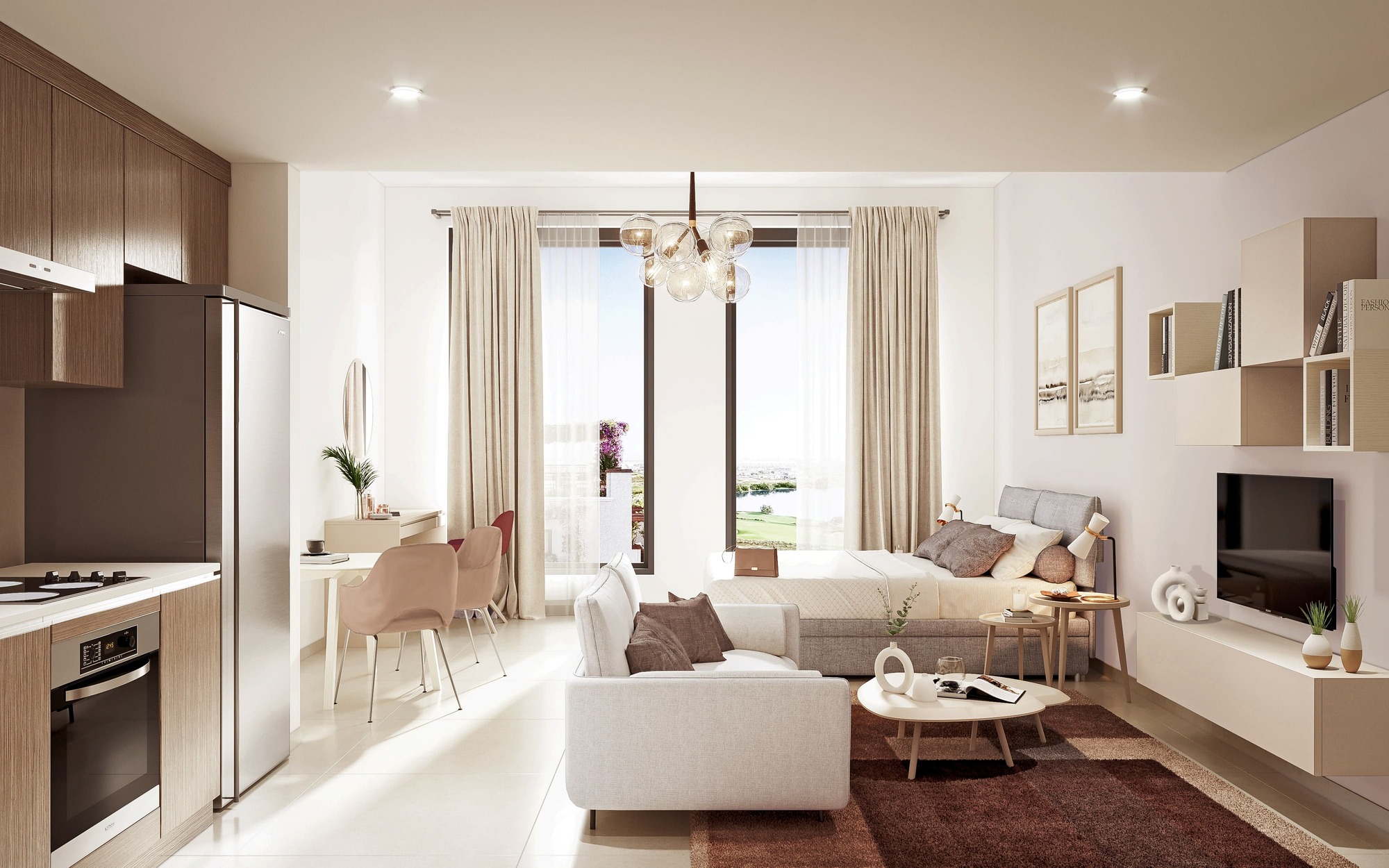 Three-bedroom apartment at Yas Golf Collection — including maid’s room, generous living/dining area, multiple bathrooms, high-end finishings, and panoramic views of golf course or sea.