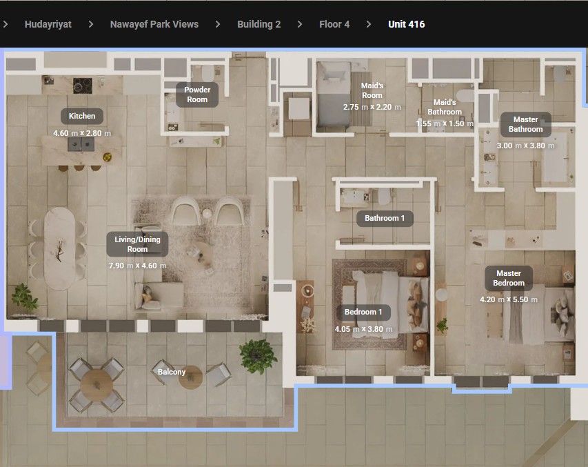 2 bedroom virtual tour, View inside a 2-bedroom apartment at Nawayef Park Views, Hudayriyat — master bedroom, second bedroom, spacious balcony with park views, stylish finishes and open layout.